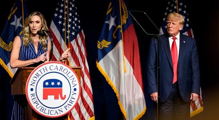 Laura Trump speaks at the NCGOP state convention with former President Trump. (Melissa Sue Gerrits/Getty Images)